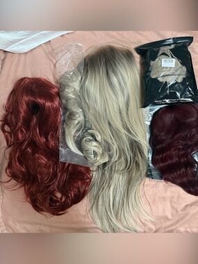 Lot (5) of Women’s Synthetic Long Wigs and extensions - Red, Blonde, Burgundy